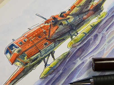 close-up drawing hydroplane illustration ink retro sketch watercolor
