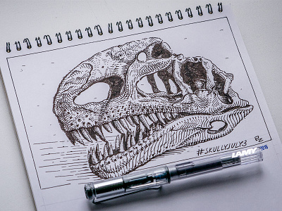 SkullyJuly #01 – Spinosaurus black and white drawing etching graphic gravure illustration ink skull woodcut