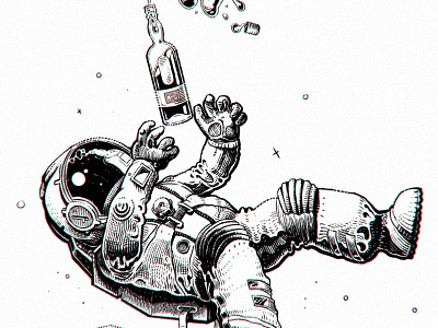 Ooooops! astronaut black and white drawing etching graphic gravure illustration ink whiskey woodcut