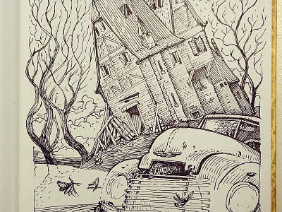 Day 7. Haunted house black and white drawing etching graphic gravure haunter house illustration ink inktober woodcut
