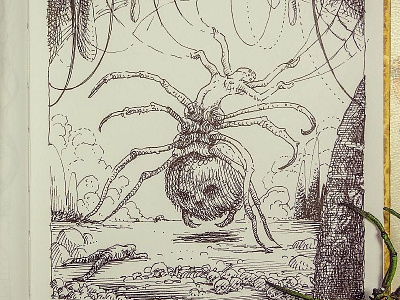 Day 8 Spiders and Webs black white crosshatching drawlloween etching graphic illustration inktober pen and ink