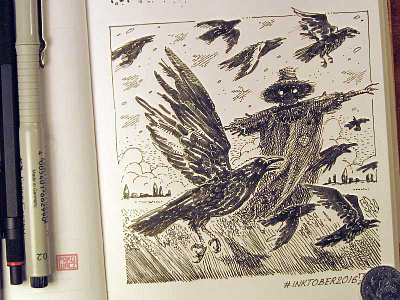 Day 14 [scarecrow] black and white drawing etching graphic gravure illustration ink scarecrow woodcut