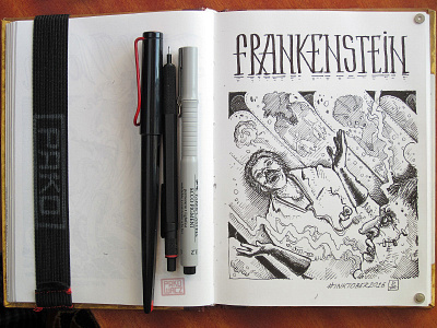 Day 17. Frankenstein black and white drawing etching frankenstein graphic gravure illustration ink woodcut