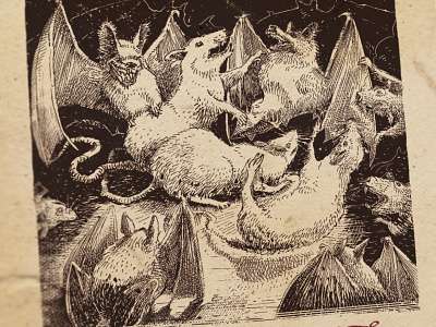 Day 21-22 Bats vs Rats black and white drawing etching graphic gravure illustration ink woodcut