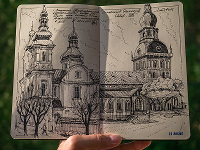 Rïgas Doms and Vinnitsa's cathedral combo drawing illustration moleskine sketch usk