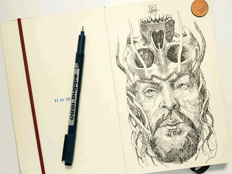 druid in skull crown drawing illustration linework moleskine sketch