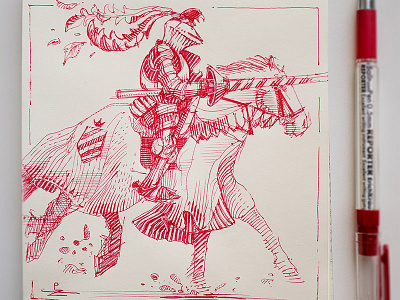 Joust. quick sketch with ballpoint pen crosshatching drawing engraving etching graphic gravure illustration ink knight red ink woodcut