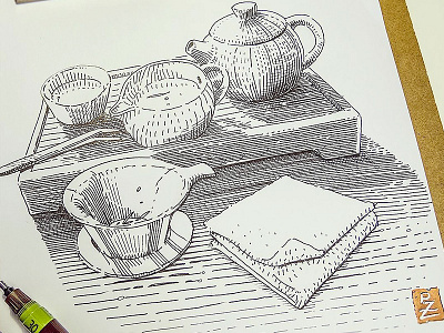 would you like a cup of tee? 🍵 black and white crosshatching drawing engraving etching graphic gravure illustration ink woodcut