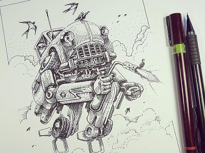 We fixed a truck! concept art engraving etching graphic hatching illustration ink robot woodcut