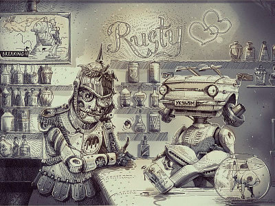 main characters at "Rusty Hearts" bar character design concept art editorial engraving etching graphic hatching illustration ink woodcut