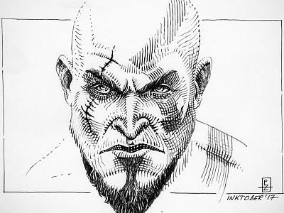 Inktobe day 14. Fierce editorial engraving etching god of war graphic hatching illustration ink inktober kratos woodcut