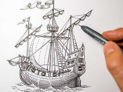 Inktober day 25. Ship editorial engraving etching graphic hatching illustration ink inktober sailer woodcut