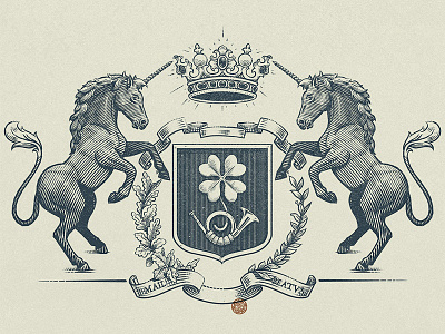 "Lucky post" logo in heraldry style engraving etching graphic hatching heraldry illustration ink inktober logo logotype unicorn woodcut