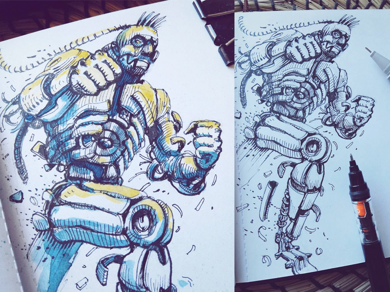 March of Robots '18 #01 character design concept art cross hatching ink drawing mech robot watercolor