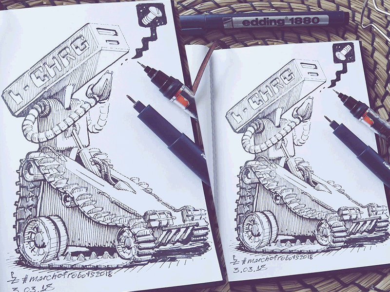 March of Robots '18 #03 character design concept art cross hatching ink drawing mech robot