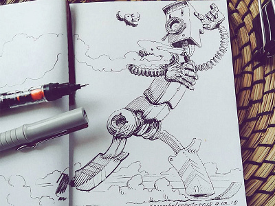 March of Robots '18 #04 character design concept art cross hatching ink drawing mech robot