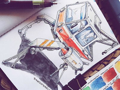 March of Robots '18 #05 character design concept art cross hatching ink drawing mech robot watercolor