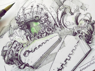 March of Robots '18 #11 character design concept art cross hatching ink drawing mech robot watercolor