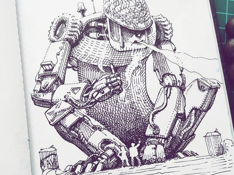 March of Robots '18 #12 character design concept art cross hatching ink drawing mech robot