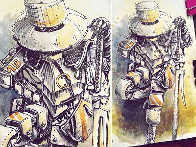 March of Robots '18 #19 character design concept art cross hatching drawing graphic illustration ink mech robot watercolor