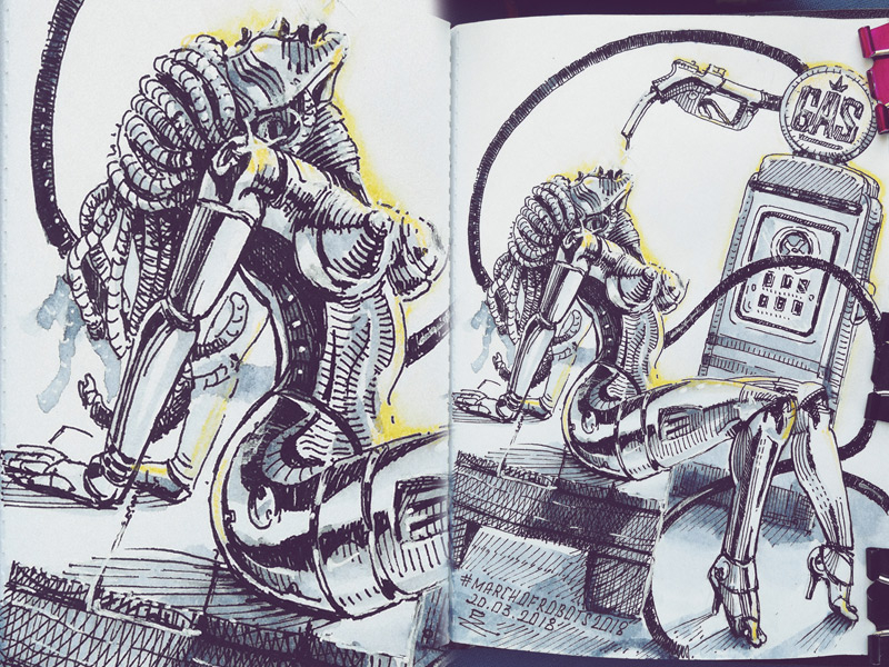 March of Robots '18 #12 character design concept art cross hatching ink drawing mech robot watercolor