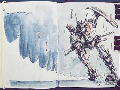 March of Robots '18 #22 character design concept art cross hatching ink drawing mech robot watercolor