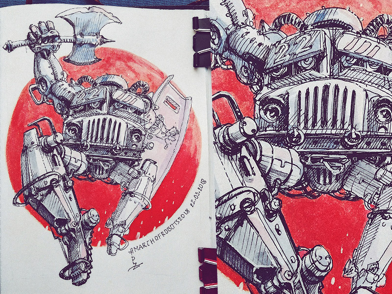 March of Robots '18 #22 character design concept art cross hatching ink drawing mech robot watercolor