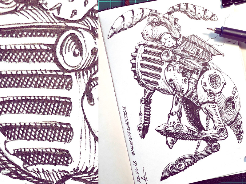 March of Robots '18 #28 character design concept art cross hatching ink drawing mech robot