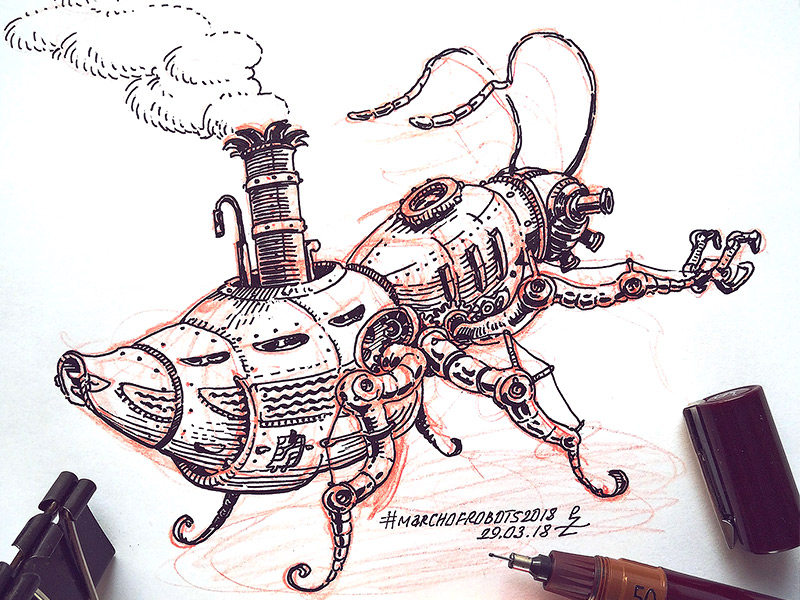 March of Robots '18 #29 character design concept art cross hatching ink drawing mech robot