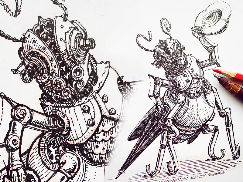 March of Robots '18 #31 character design concept art cross hatching ink drawing mech robot