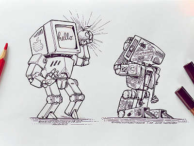 March of Robots '18 #30-31 character design concept art cross hatching ink drawing mech robot