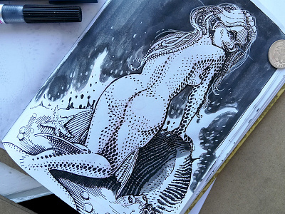 Mermay 02 character design concept art cross hatching ink drawing mermaid mermay