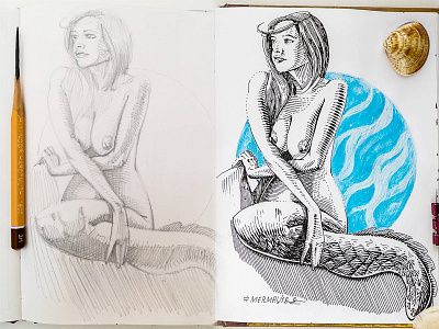 Mermay 04 character design concept art cross hatching ink drawing mermaid mermay