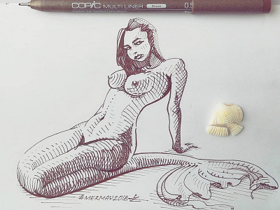 Mermay 07 character design concept art cross hatching ink drawing mermaid mermay