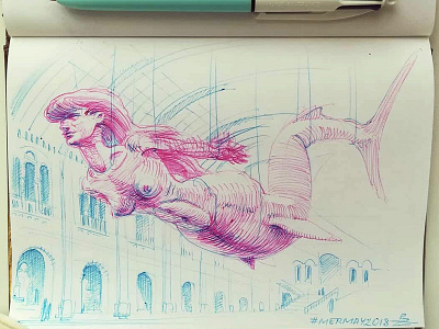 Mermay 11 in natural history museum character design concept art cross hatching ink drawing mermaid mermay