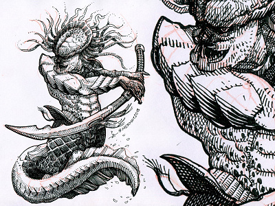 Mermay 16 character design concept art cross hatching ink drawing mermaid mermay