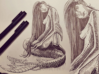 Mermay 30 character design concept art cross hatching ink drawing mermaid mermay