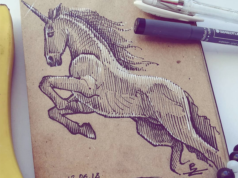 This time on craft paper crosshatching woodcut engraving micronpen sketch unicorn horse fine liner doodle