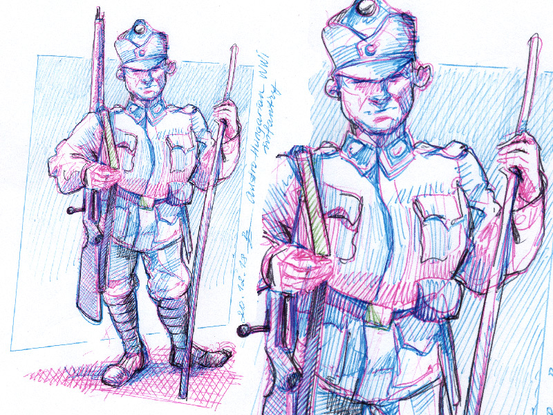 private of Austro-Hungarian army WWI ballpoint pen bic4 character design concept art drawing illustration ink sketch sketchbook