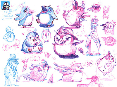 Some sketches and finished sprite of the little 🐧🍦 character design concept art drawing graphic illustration ink pixelart sketch sprite