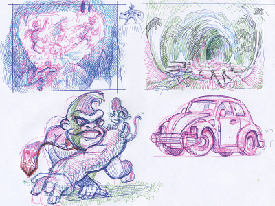 Sketches for "cave", "Donkey Kong" and "car" character design concept art crosshatching doodle drawing sketch sketching 草图