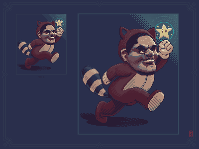 Reggie as Mario in racoon suit 16bit 8bit aseprite character design editorial art illustration nintendo pixel art pixel dailies racoon reggie reggie fils aime sprite super mario tanooki thank you reggie