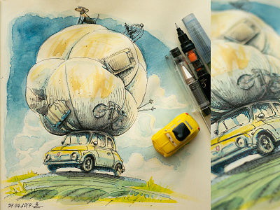 luggage car drawing fiat 500 illustration ink luggage moving sketch sketchbook watercolor