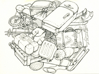What does a little car carry? crosshatching drawing editorial etching graphic illustration luggage pen and ink pink sketch woodcut