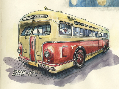 Zis 154 soviet bus aquarelle bus graphic illustrator ink sketch technical illustration transport urban sketching wasserfarben watercolor zis 154