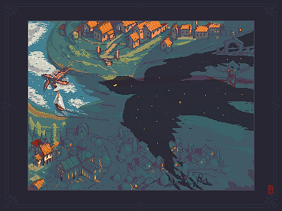 Night falls aseprite bird city concept art environment design gameart gamedev illustration landscape night pixel art pixel dailies pixel dailies pixelart river sprite town