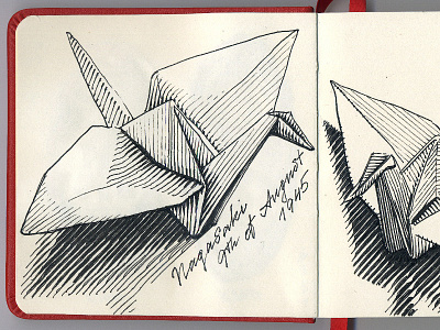 🙏 Nagasaki 9th of Aug 1945 atomic bomb fountain pen gravure illustration ink drawing japan lamy safari nagasaki origami paper crane sketch sketchbook woodcut