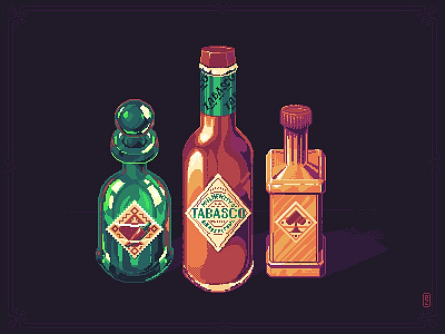 Spicerack 🌶️ [pixel art] 16bit 8bit bottle game assets gameart gameartist illustration pixel art pixelart pixels spice spicy sauce tabasco