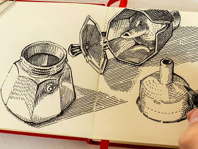quick drawing from live bialetti coffee crosshatching drawing espresso etching fountain pen graphic gravure illustration ink inking lamy moka pot morning sketch woodcut