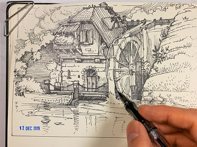 water mill concept art crosshatch drawing fountain pen game art house illustration ink inking lamy landscape pen drawing traditional art water mill